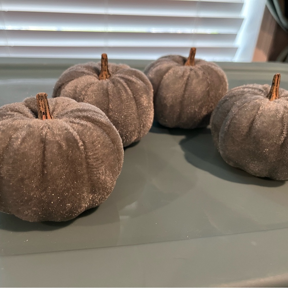 Set of Four Gray Velvet Pumpkins